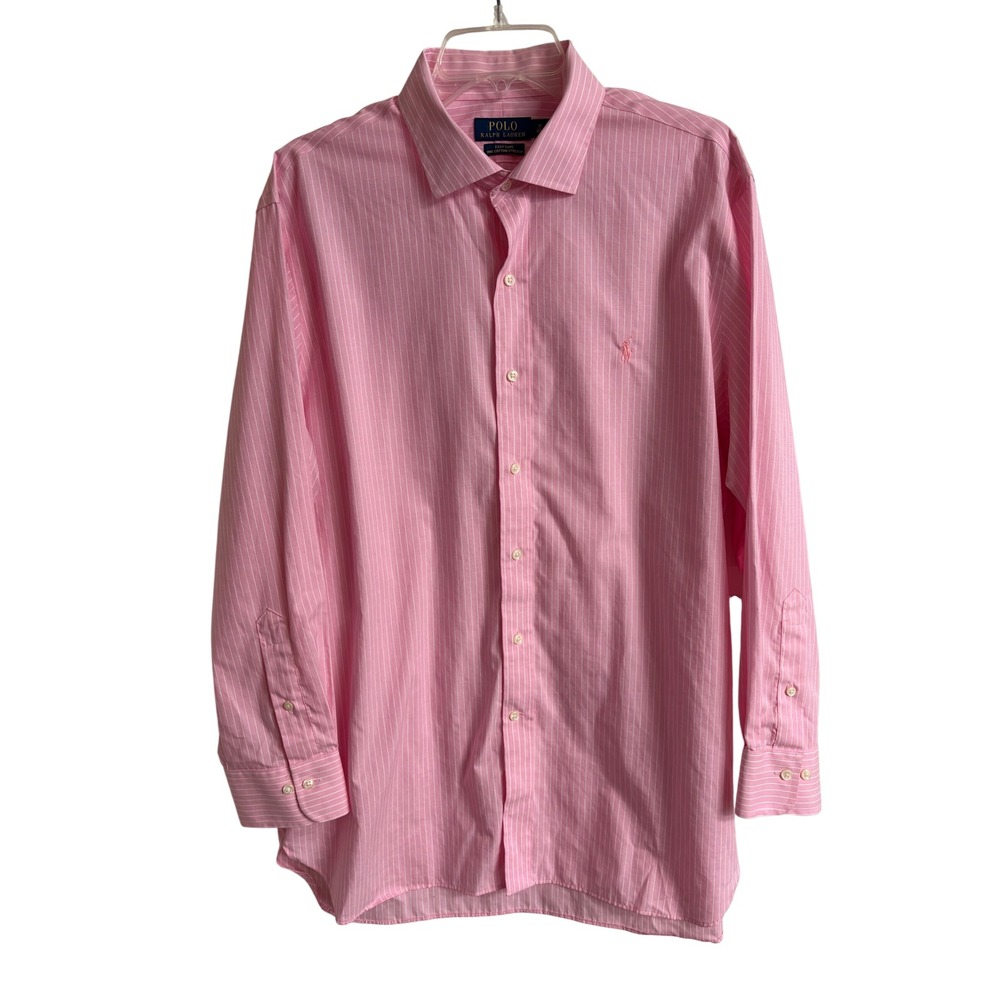 Polo Ralph Lauren Mens Pink White Stripe Easy Care Dress Shirt 17 32/33 Preppy